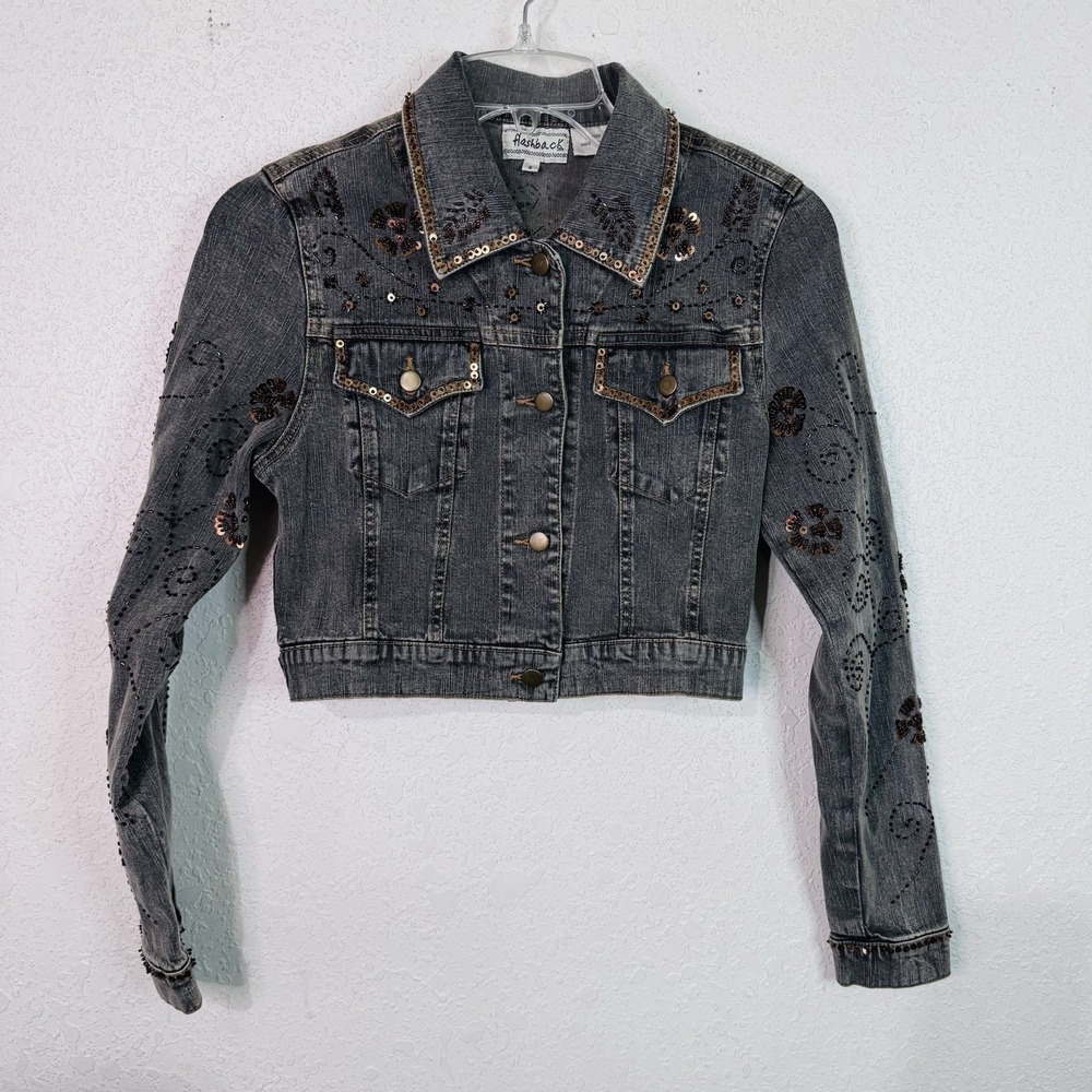 Flashback Embellished Floral Studded Black Denim Jacket Size Small Boho Chic